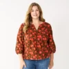 Plus Size Sonoma Goods For Life® Notchneck Long Sleeve Top -Sonoma Goods For Life 5661416 Brown Coral Floral